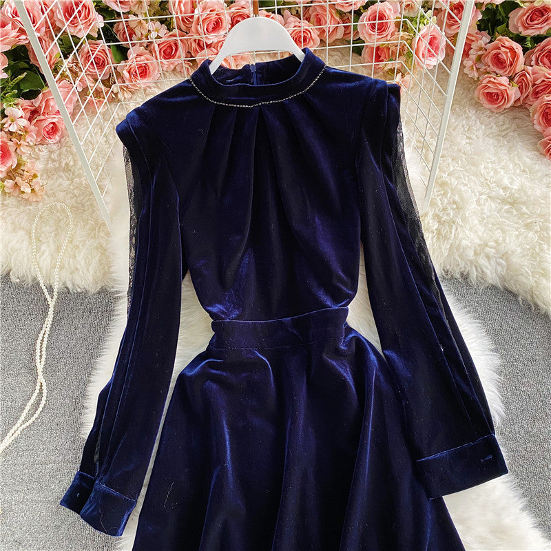 Stand neck off shoulder velvet A-line dress  3034