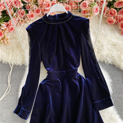 Stand neck off shoulder velvet A-line dress  3034