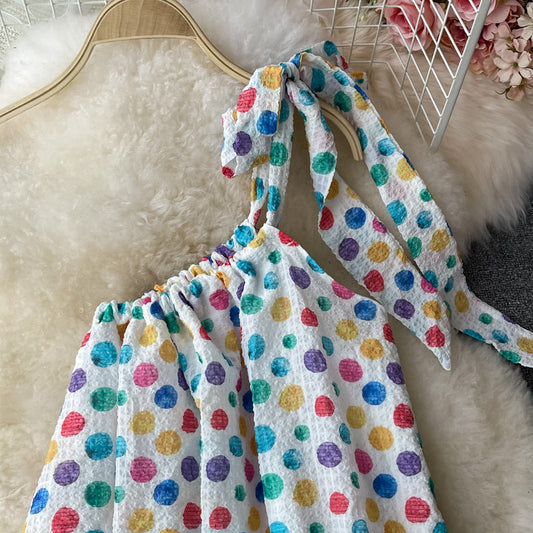 Colorful wave dot loose suspender dress  2819