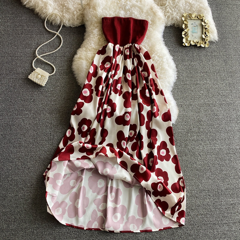 Vintage printed Strapless skirt with slim waist dress  2830