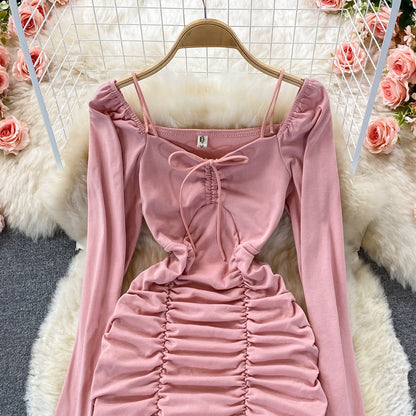 Sexy bubble sleeve slim fit lace up pleated square neck wrap hip dress  2917