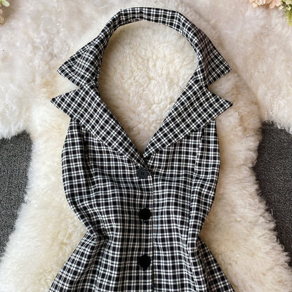French retro waistband neckline Plaid Dress  2966