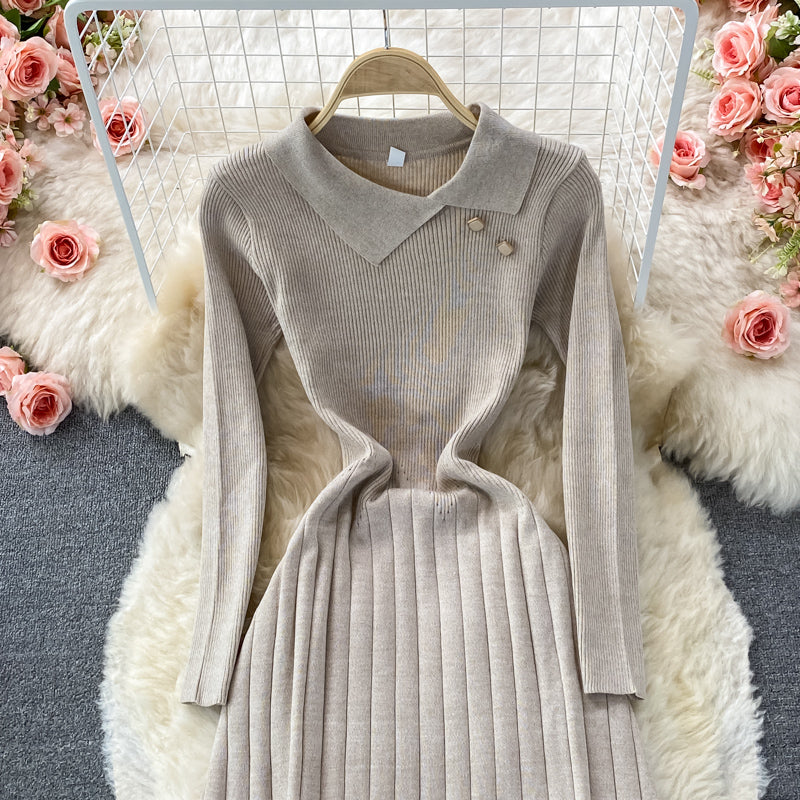 Temperament lady slim waist elastic knitted Pleated Dress  2907