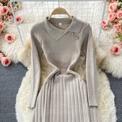 Temperament lady slim waist elastic knitted Pleated Dress  2907