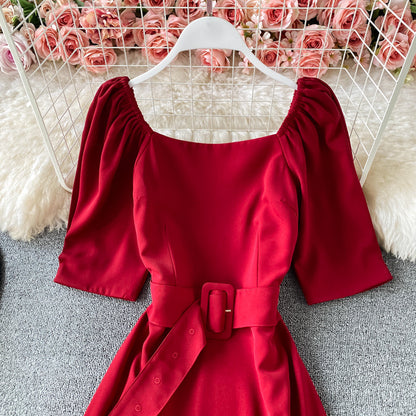 French square neck bubble sleeve lace up waist slim backless dress  3170