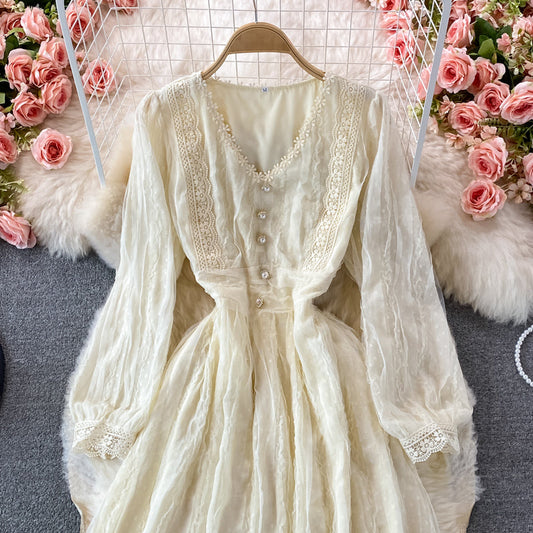 Lace V-neck high waist mesh dress  3230