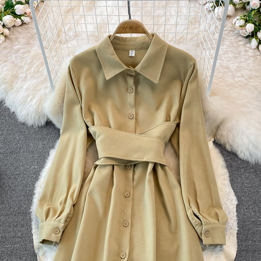 Corduroy bandage single breasted shirt skirt  3272
