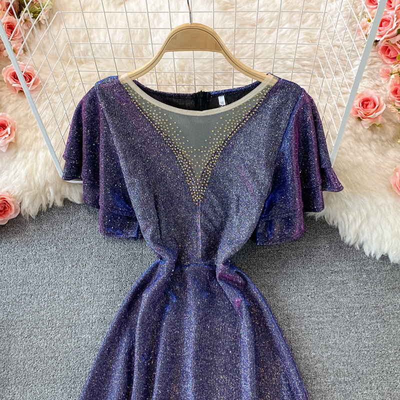 Noble and elegant temperament bright silk round neck dress  2986