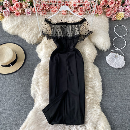 Temperament light mature style one shoulder wave dot mesh dress  2887