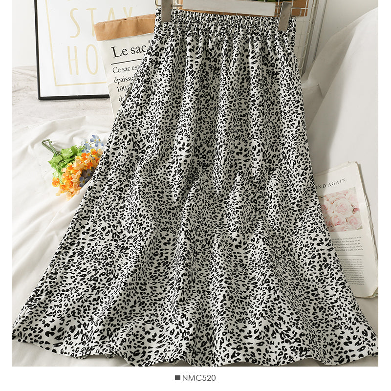 Hong Kong Vintage printed elastic waist thin over knee A-line skirt  2623