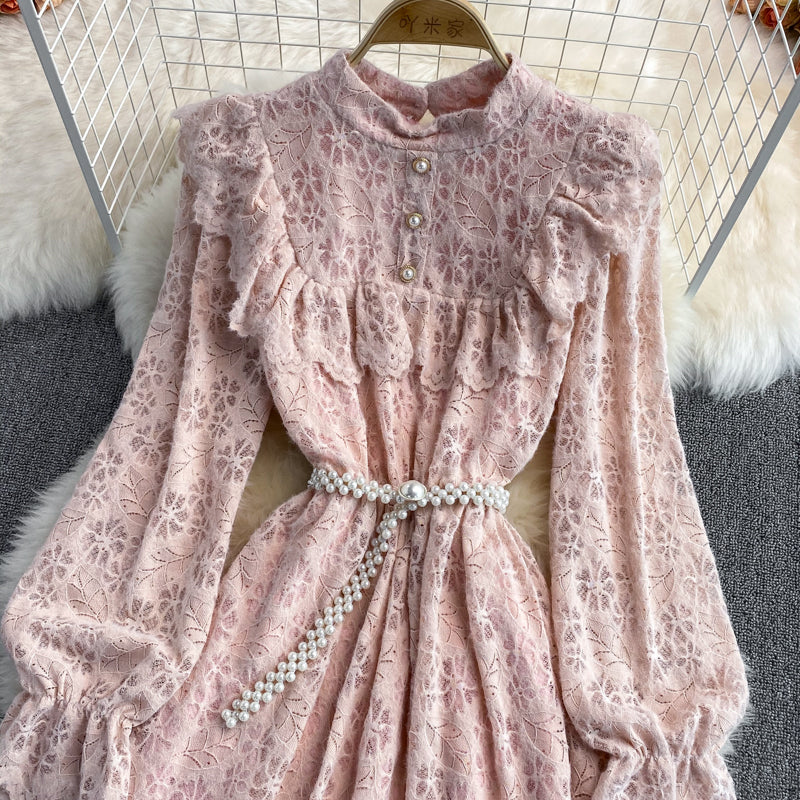 Stand collar backing brushed lace dress  3022