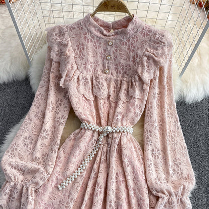 Stand collar backing brushed lace dress  3022