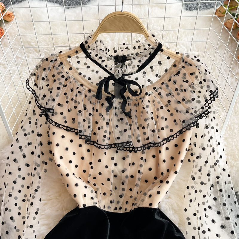 Polka Dot mesh stitched velvet super Fairy Dress  3257
