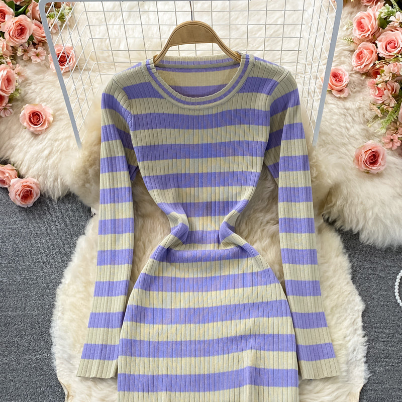 Elastic tight round neck Long Sleeve Striped knitted dress  2853