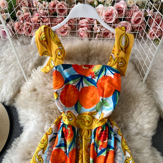 Bow tie strap suspender skirt sweet print age reduction dress  3302