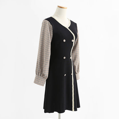 Dress long sleeve aging temperament Plaid knitted skirt with slim waist  2426