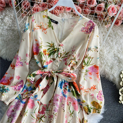Sweet printed bubble sleeve waist V-neck dress  3424