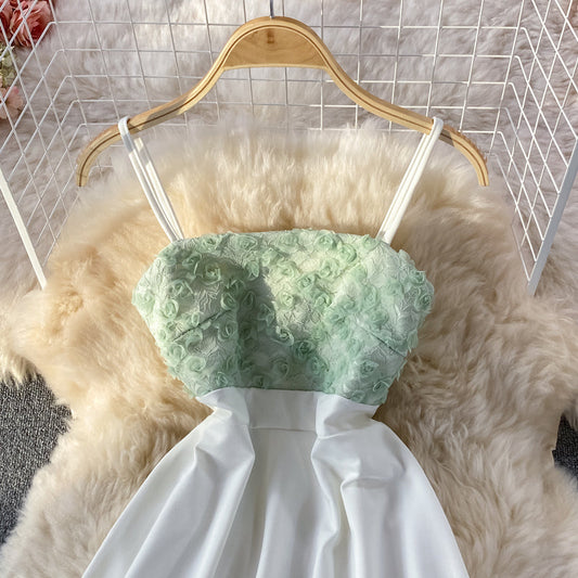 Stand collar petal splicing high waist suspender strapless dress  3215