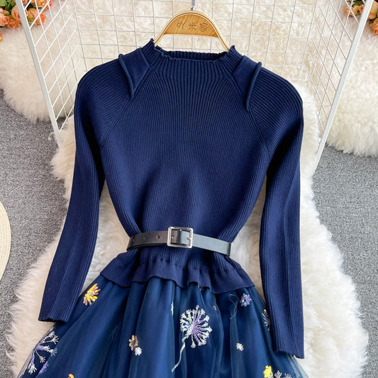 Celebrity temperament stand collar bottomed knitted dress  2870