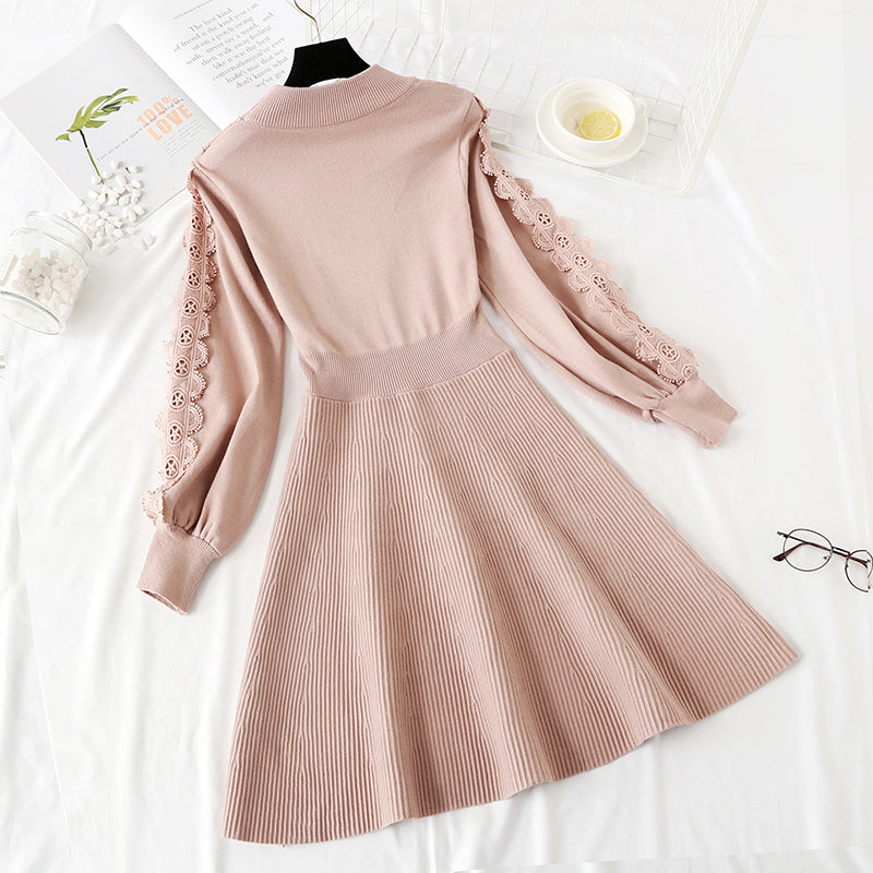 Knit wool skirt over knee Lace Panel with long skirt inside  2243