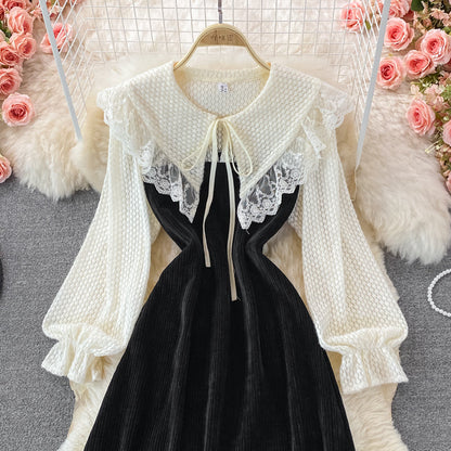 Lace stitching doll neck corduroy dress  3262