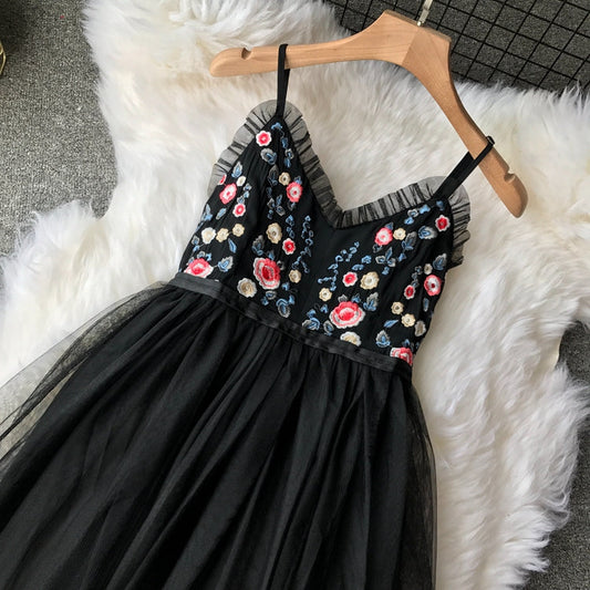 Embroidered Flower high waist thin mesh puffy dress  3397
