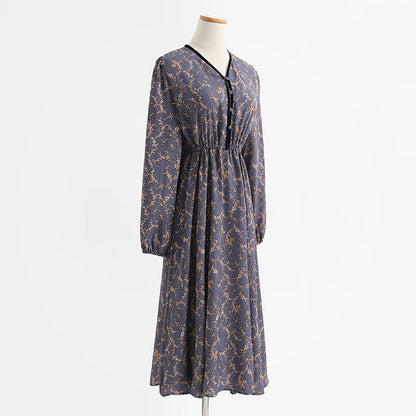 French retro minority temperament gentle wind long sleeve Floral Dress  2254