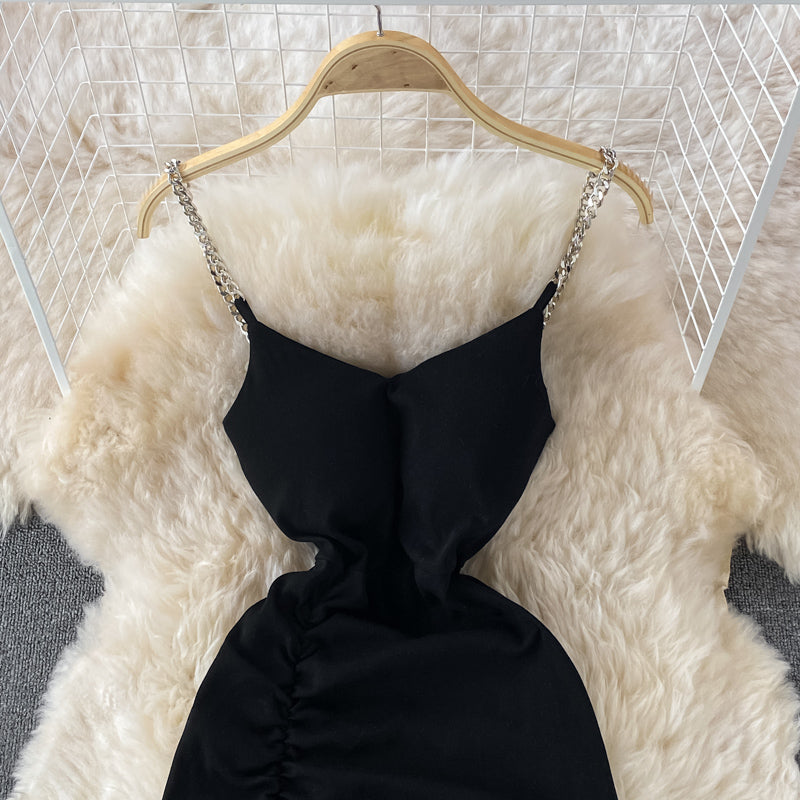 Pleated split suspender skirt with exposed backpack hip dress  3203