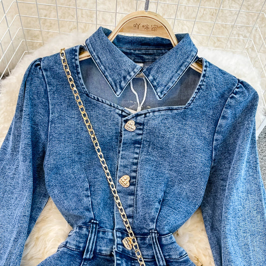 Vintage Lapel bubble sleeve design hollow denim dress  3019