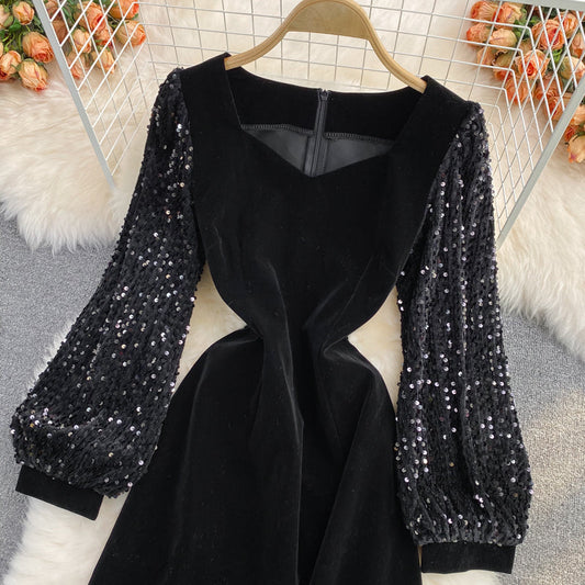 Medium length square neck velvet stitched Sequin bubble sleeve  3091