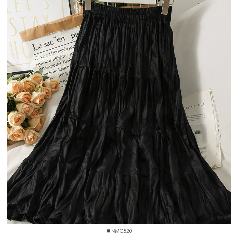 Pleated stitched A-line skirt women's new solid medium length skirt  2506