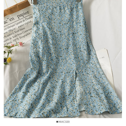 Retro High Waist slim breasted floral medium length skirt  2575