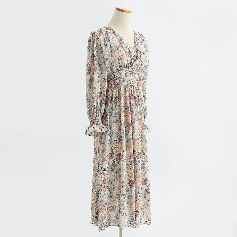 Long sleeve floral dress long fairy French Vintage Chiffon  2430