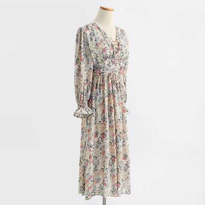 Long sleeve floral dress long fairy French Vintage Chiffon  2430