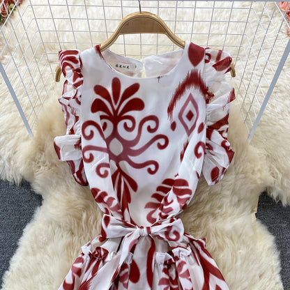Blue and white porcelain printed Ruffle sleeveless Crew Neck Dress  2981