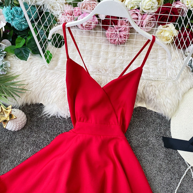 Open back cross suspender skirt waist closing lotus leaf swing dress  2946