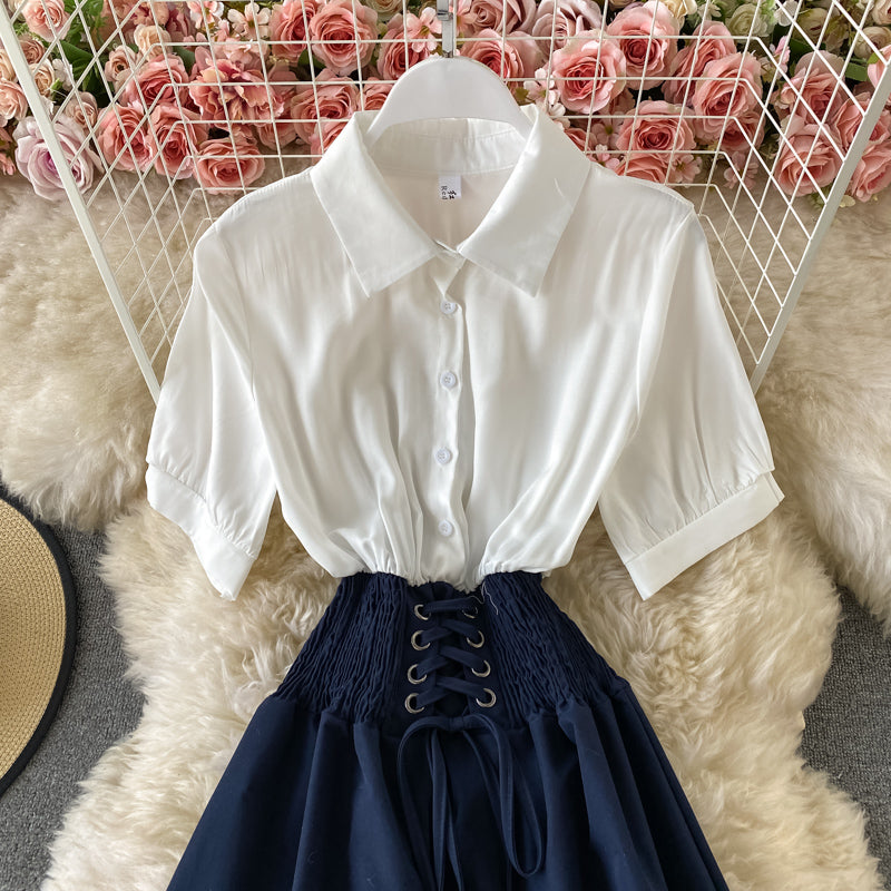 A-line umbrella skirt with contrast color stitching and slim waist  2888