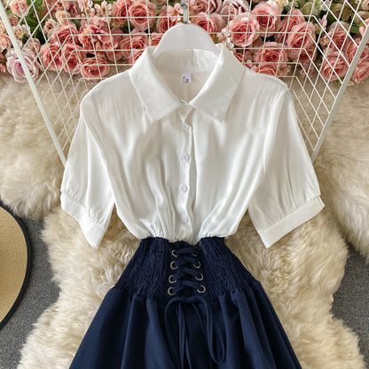 A-line umbrella skirt with contrast color stitching and slim waist  2888