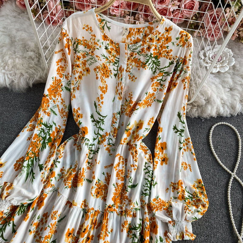 Wind round neck printed Bubble Sleeve Ruffle lace long skirt  3432