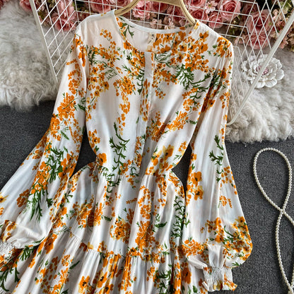 Wind round neck printed Bubble Sleeve Ruffle lace long skirt  3432