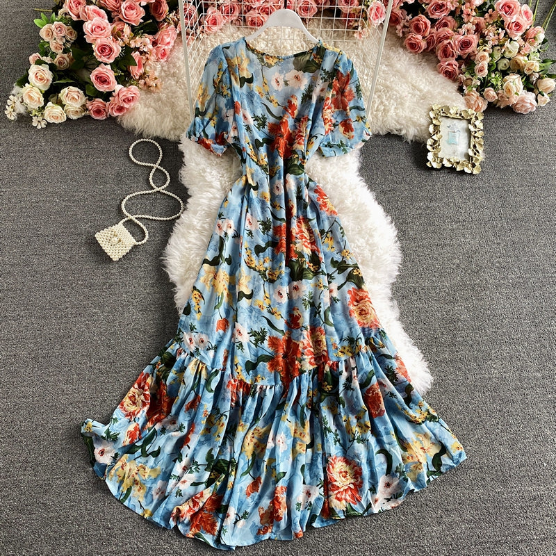 Temperament beach skirt seaside holiday V-neck Printed Dress  2933