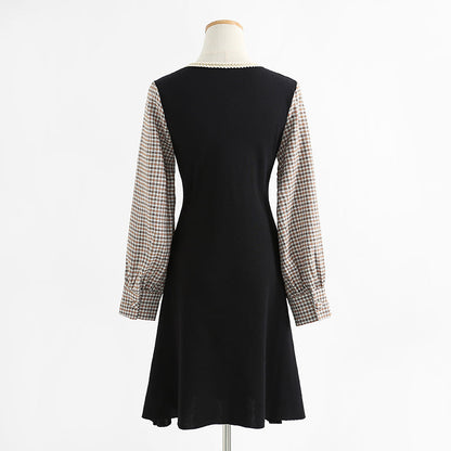 Dress long sleeve aging temperament Plaid knitted skirt with slim waist  2426