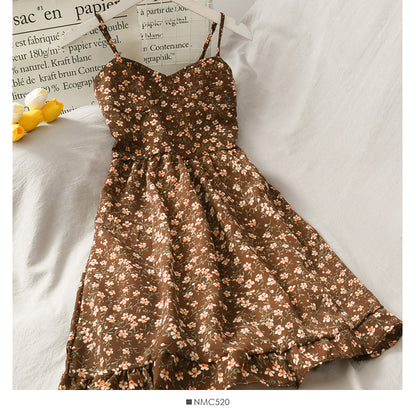Hong Kong style retro floral high waist suspender skirt  2678