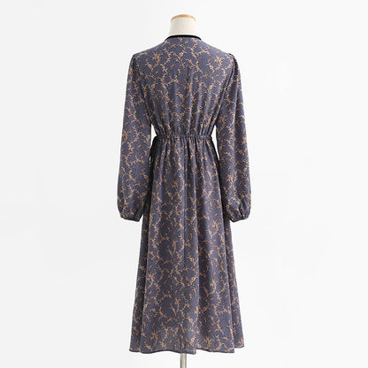 French retro minority temperament gentle wind long sleeve Floral Dress  2254