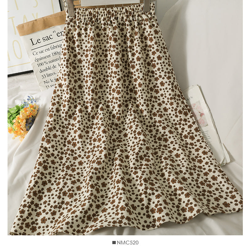 Hong Kong Vintage printed elastic waist thin over knee A-line skirt  2623