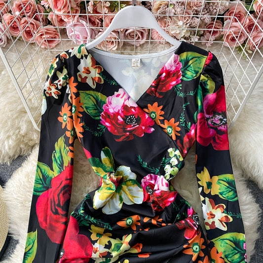 Printed waist with thin buttocks dress feminine floral skirt  3410