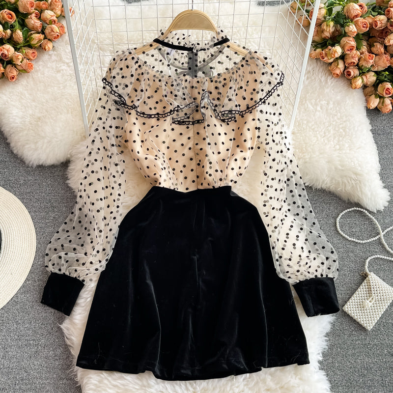 Polka Dot mesh stitched velvet super Fairy Dress  3257