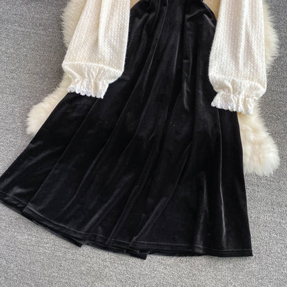 French Vintage Hepburn velvet fake two-piece skirt  3014