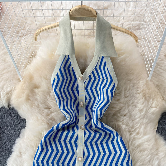 Sexy V-neck hanging neck exposed backpack hip knitted dress  3327
