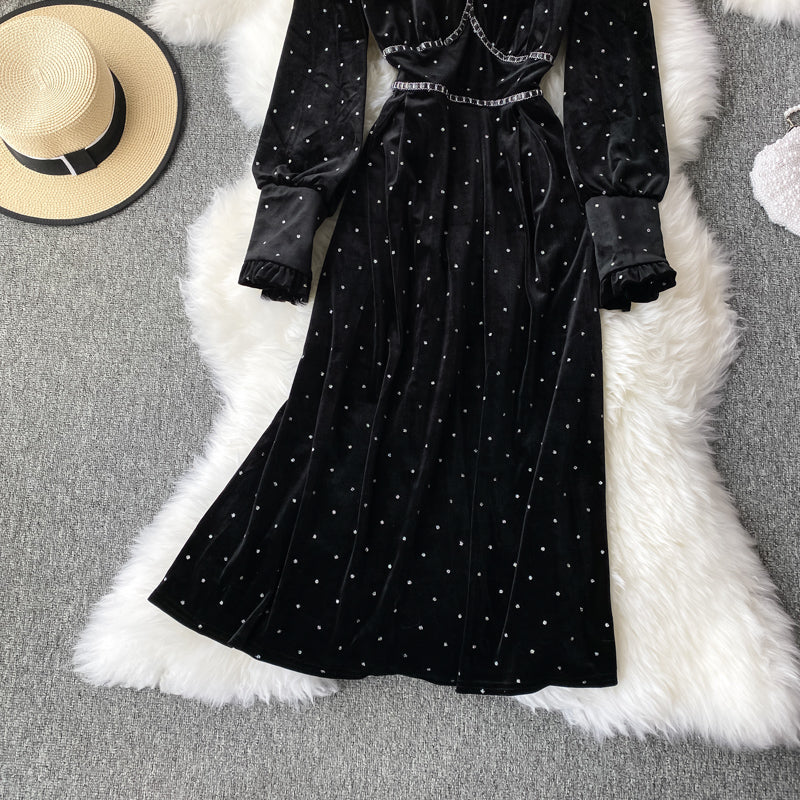 Vintage Hepburn style small black dress waist closed golden velvet dress  2949
